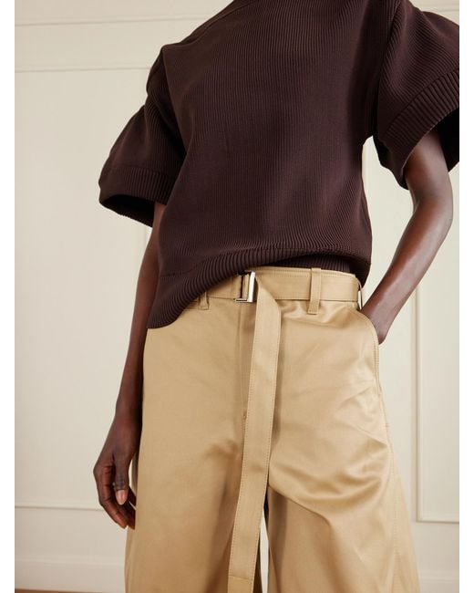 Sacai Natural Cropped Belted Cotton-Twill Barrel-Leg Pants