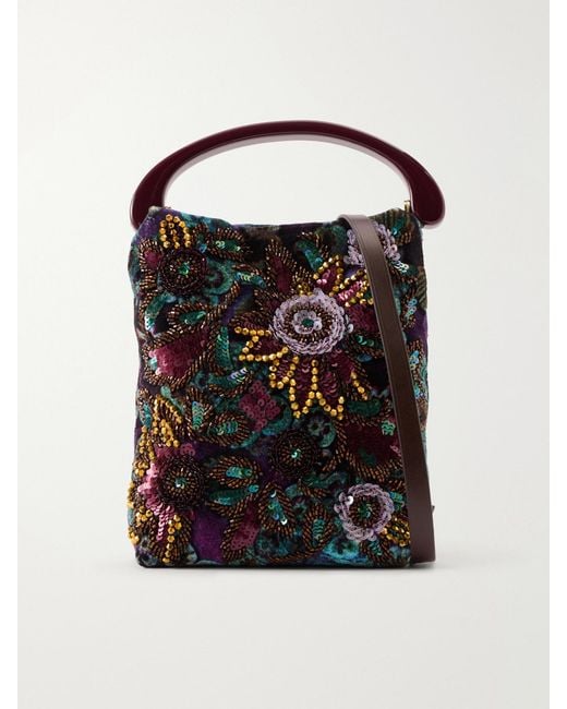 Dries Van Noten Black Bead-Embellished Printed Leather-Trimmed Velvet Tote