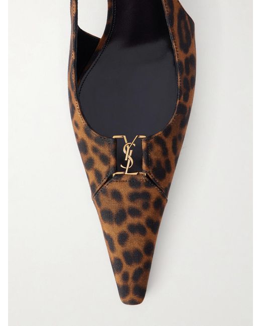Saint Laurent Natural Babylone Cassandre-Embellished Leopard-Print Grosgrain Slingback Pumps