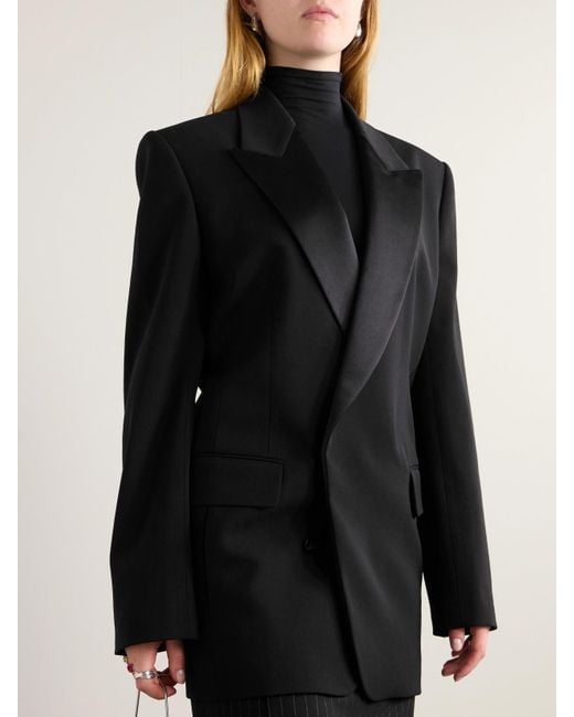 Petar Petrov Black Double-Breasted Satin-Trimmed Wool-Blend Blazer