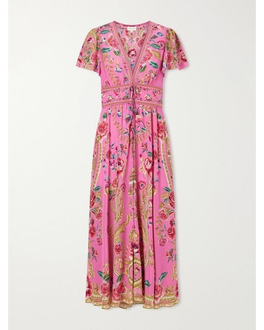 Camilla Pink Embroidered Printed Silk Maxi Dress