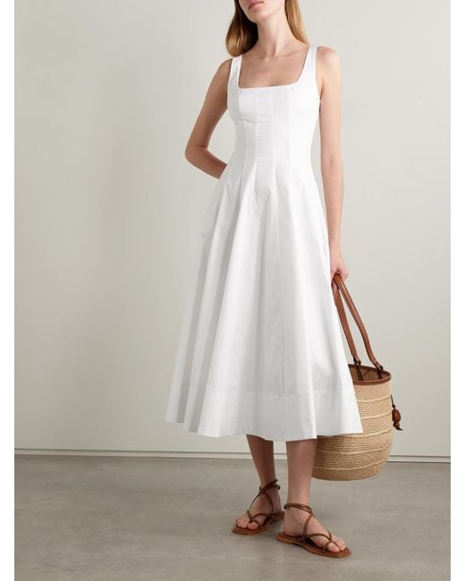 Staud White Wells Pleated Cotton-Blend Poplin Midi Dress