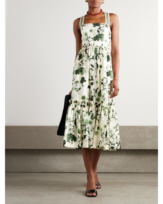 Cara Cara White Julietta Belted Ruffled Floral-Print Cotton-Poplin Midi Dress