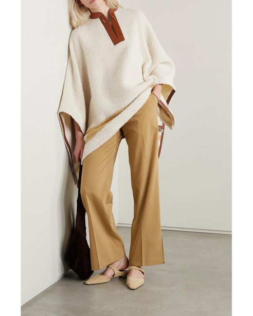 Loro Piana White Leather-Trimmed Striped Alpaca-Blend Bouclé Poncho