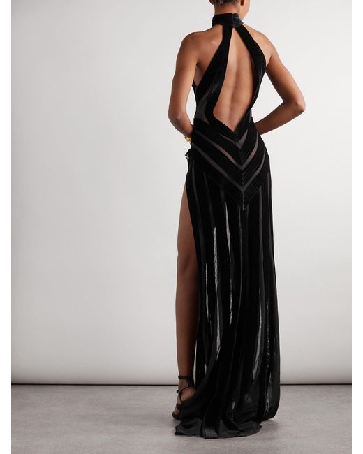 Tom Ford Black Cutout Tulle-Trimmed Velvet Halterneck Gown