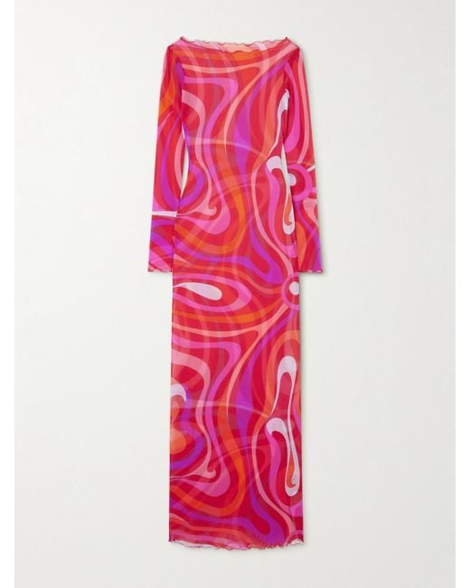 Emilio Pucci Pink Marmo Printed Mesh Maxi Dress