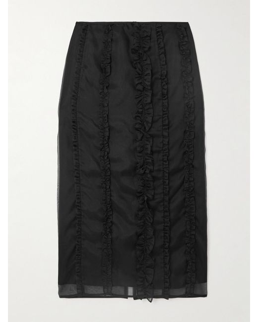CECILIE BAHNSEN Black Ocean Ruffled Silk-Organza Midi Skirt