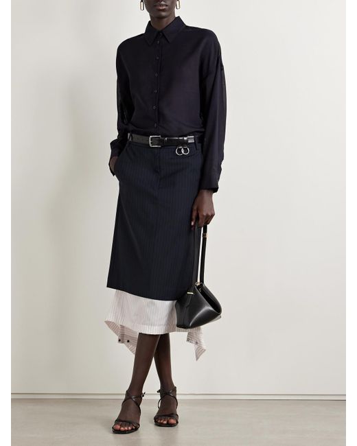 Tibi Blue Mier Layered Pinstriped Wool-Blend Crepe And Satin-Twill Midi Skirt
