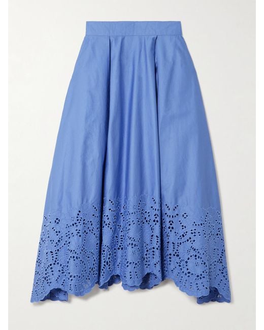 Thierry Colson Blue Wynona Pleated Broderie Anglaise Cotton-Poplin Midi Skirt