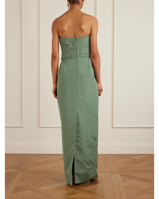 Oscar de la Renta Green Strapless Draped Embellished Silk-Faille Gown