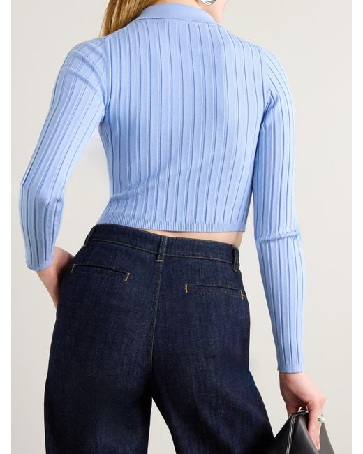 Dolce & Gabbana Blue Embellished Ribbed-Knit Polo Shirt