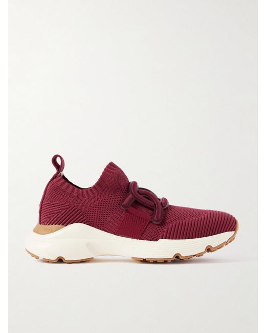 Tod's Red Leather-Trimmed Stretch-Knit Slip-On Sneakers