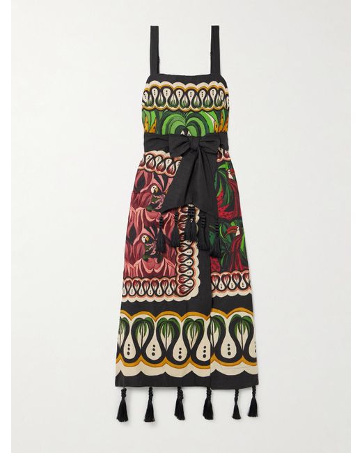 Farm Rio White Coconut Tree Flow Belted Tasseled Linen-Blend Midi Dress