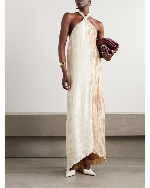 Dima Ayad White Knotted Plissé-Satin Halterneck Maxi Dress