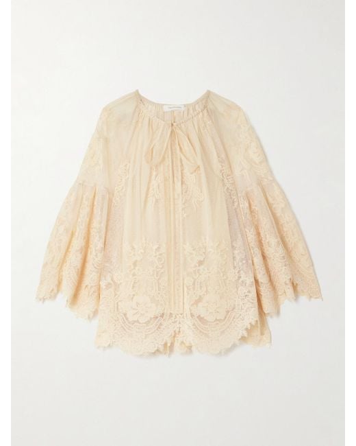 Zimmermann Natural Hypnotic Tie-Neck Flocked Lace Blouse