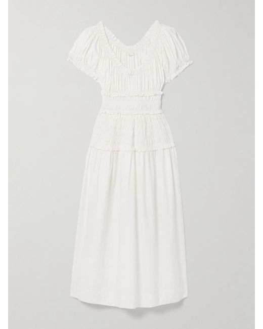 Doen White Leanne Midikleid Aus Biobaumwoll-Voile Mit Raffungen