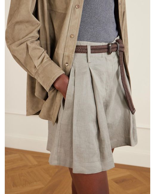 Brunello Cucinelli Natural Pleated Linen Shorts
