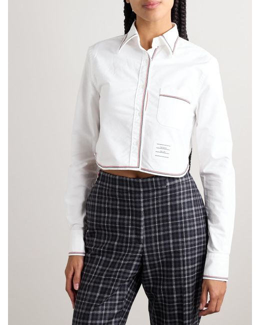 Thom Browne Gray Verkürztes Hemd Aus Baumwolloxford Mit Ripsbandbesätzen