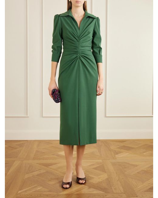 Carolina Herrera Green Rouched Wool-Blend Midi Dress