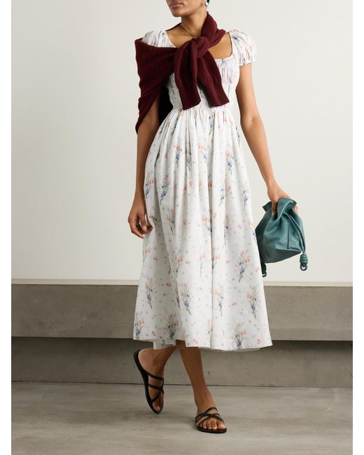 Doen White Quinley Midikleid Aus Biobaumwolle Mit Blumenprint Und Raffungen