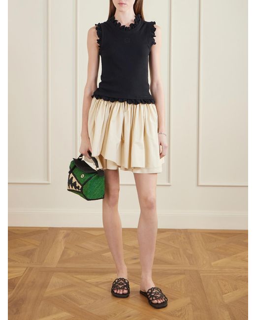 Loewe Green Paula's Ibiza Puzzle Edge Crocodile Leather-Trimmed Raffia Shoulder Bag