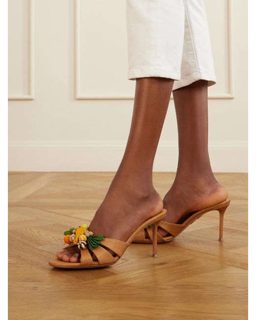 Aquazzura Brown Birdsong 75 Raffia Mules