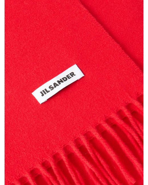 Jil Sander Red Fringed Virgin Wool Scarf