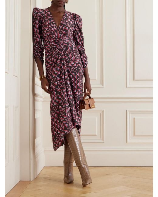 Isabel Marant Purple Albini Gathered Printed Voile Midi Dress