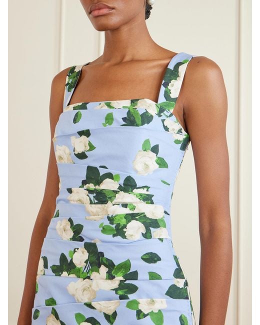 Carolina Herrera Blue Floral-Print Draped Cotton-Blend Faille Midi Dress