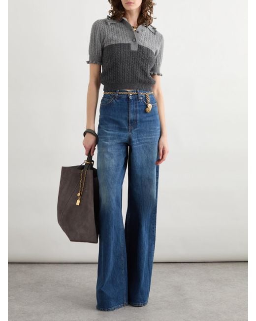 Chloé Gray Two-Tone Cable-Knit Wool And Cashmere-Blend Polo Shirt