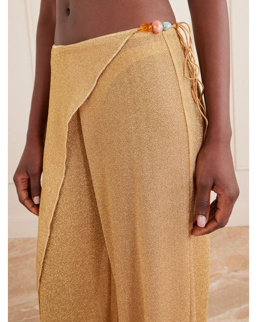 Oseree Natural Lumiere Embellished Lurex Wide-Leg Pareo Pants