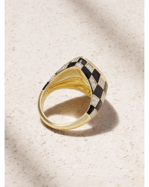 Yvonne Léon Natural Chevalière Marquise Damier 9-Karat, Diamond And Enamel Ring