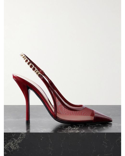 Gucci Red Signoria Embellished Patent Leather-Trimmed Mesh Slingback Pumps