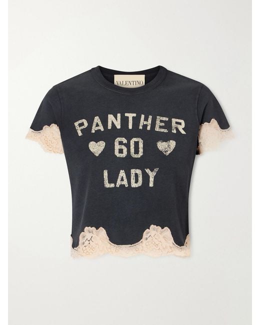 Valentino Garavani Black Cropped Printed Lace-Trimmed Cotton-Jersey T-Shirt