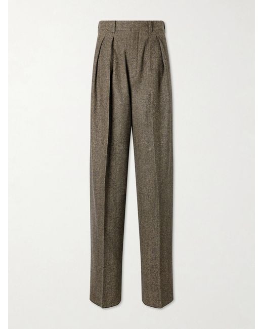 Saint Laurent Natural Pleated Herringbone Wool-Blend Straight-Leg Pants