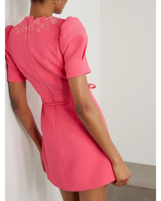 Rebecca Vallance Pink Lulu Belted Lace-Trimmed Cady Mini Dress