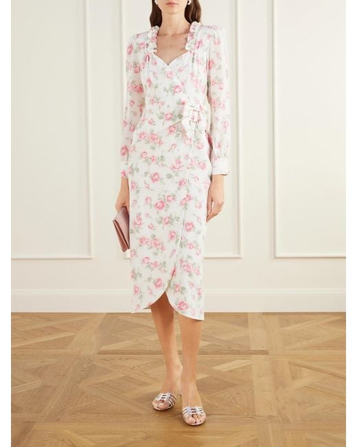 Alessandra Rich White Floral-Print Wrap Silk Midi Dress