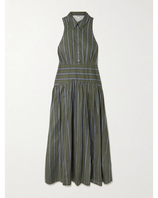 Staud Green Romy Striped Pleated Cotton-Blend Shirt Dress