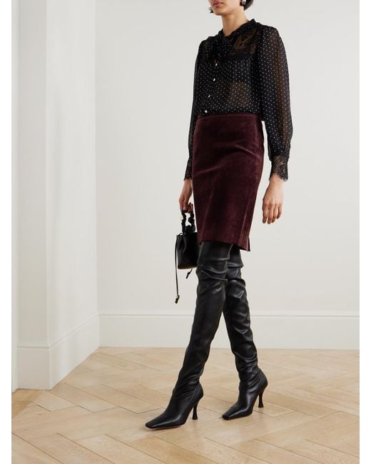 Sea Black Melody Tie-Detailed Lace-Trimmed Polka-Dot Crepe De Chine Blouse