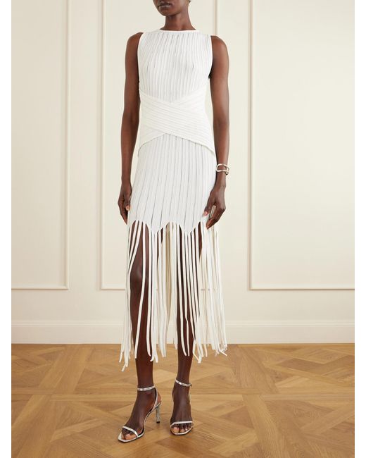 Balmain White Fringed Pointelle-Knit Midi Dress