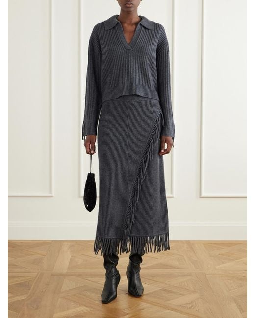 Jonathan Simkhai Blue Natalia Fringed Ribbed Wool And Recycled Cashmere-Blend Polo Sweater
