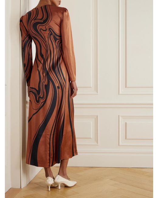 LaDoubleJ Brown Icon Clingy Swing Floral-Print Satin Midi Dress