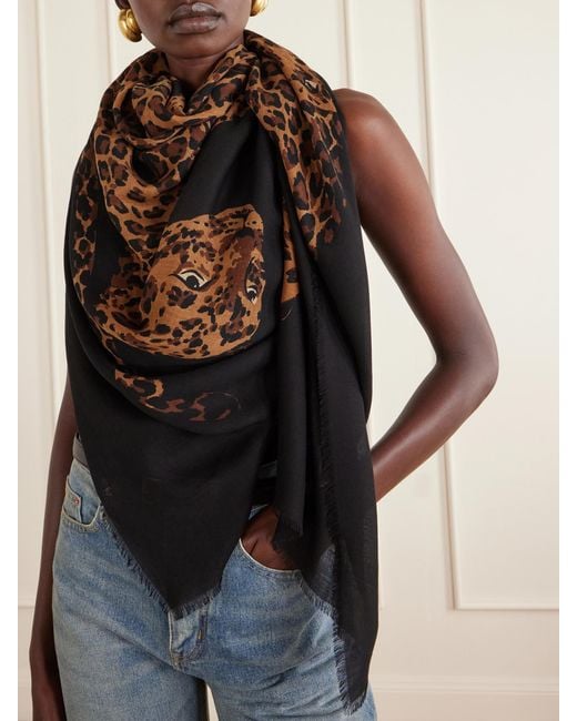 Saint Laurent Black Etolel-Leopard Frayed Printed Wool-Twill Scarf