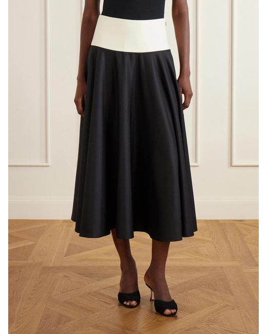 Abadia Black Pleated Cotton-Poplin Midi Skirt