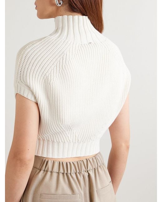 Sportmax White Balloon Cropped Ribbed Cotton-Blend Sweater