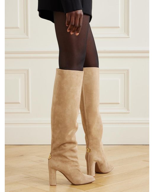 Dolce & Gabbana White Kniehohe Stiefel Aus Veloursleder Mit Verzierung