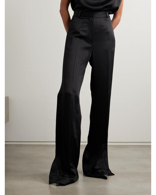 Totême  Black Pleated Satin-Trimmed Crepe Straight-Leg Pants