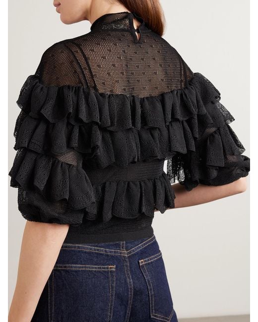 Ulla Johnson Black Corinna Ruffled Tiered Point D'Esprit And Chantilly Lace Blouse