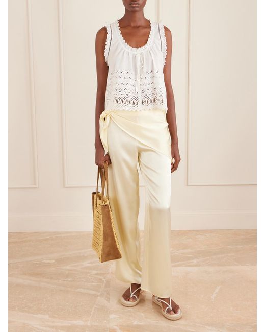 Doen Natural Lavona Tie-Detailed Silk-Satin Wide-Leg Pants