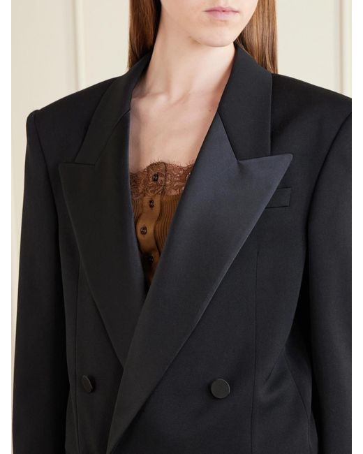 Saint Laurent Black Double-Breasted Satin-Trimmed Grain De Poudre Wool Blazer